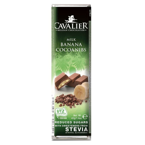 Baton z mlecznej czekolady z nadzieniem bananowym i palonymi ziarnami kakaowca Cavalier, 40g