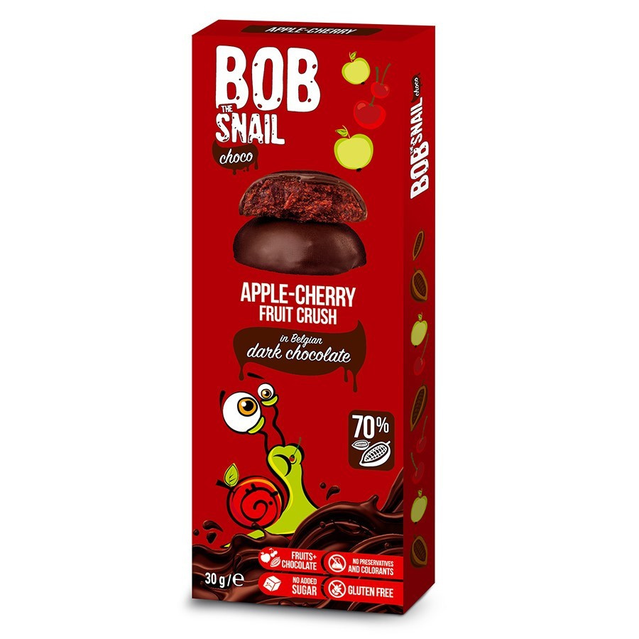 Przekąska jabłkowo-wiśniowa w ciemnej czekoladzie Bob Snail, 30g
